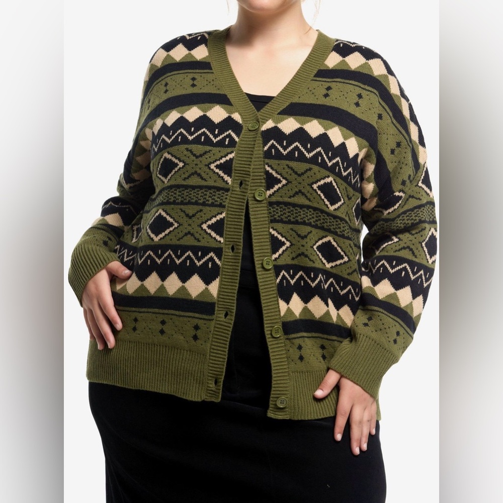 Thorn and Fable Green Black & Cream Geometric Girls Cardigan Plus Size